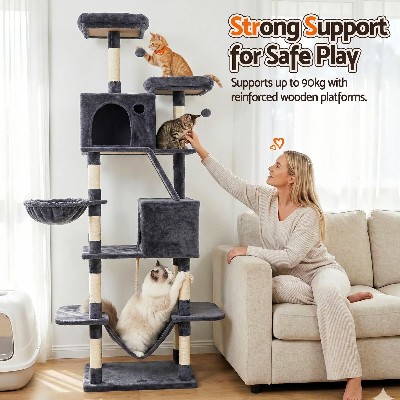 Cat Tree Tower 206cm Large Scratching Post Furniture Scratcher House Grey