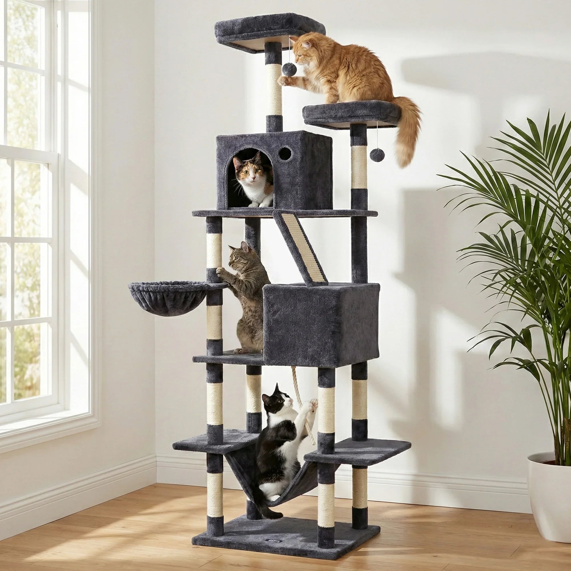 Cat Tree Tower 206cm Large Scratching Post Furniture Scratcher House Grey