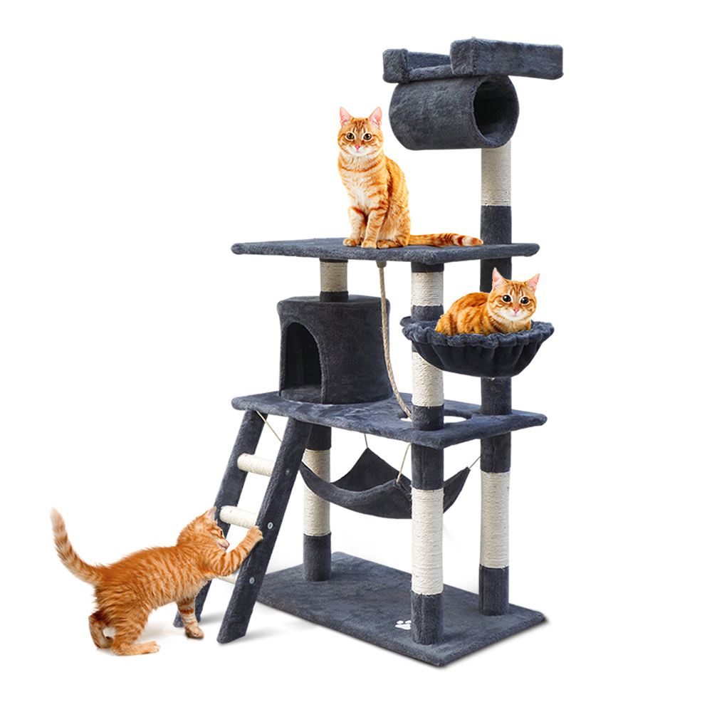 141cm Cat Tree Scratching Post Tower with Hammock & Swing Grey