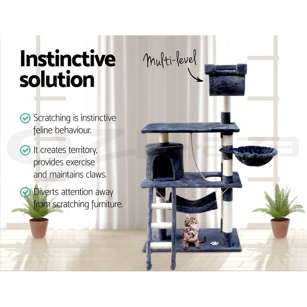141cm Cat Tree Scratching Post Tower with Hammock & Swing Grey