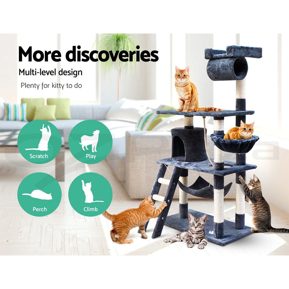 141cm Cat Tree Scratching Post Tower with Hammock & Swing Grey
