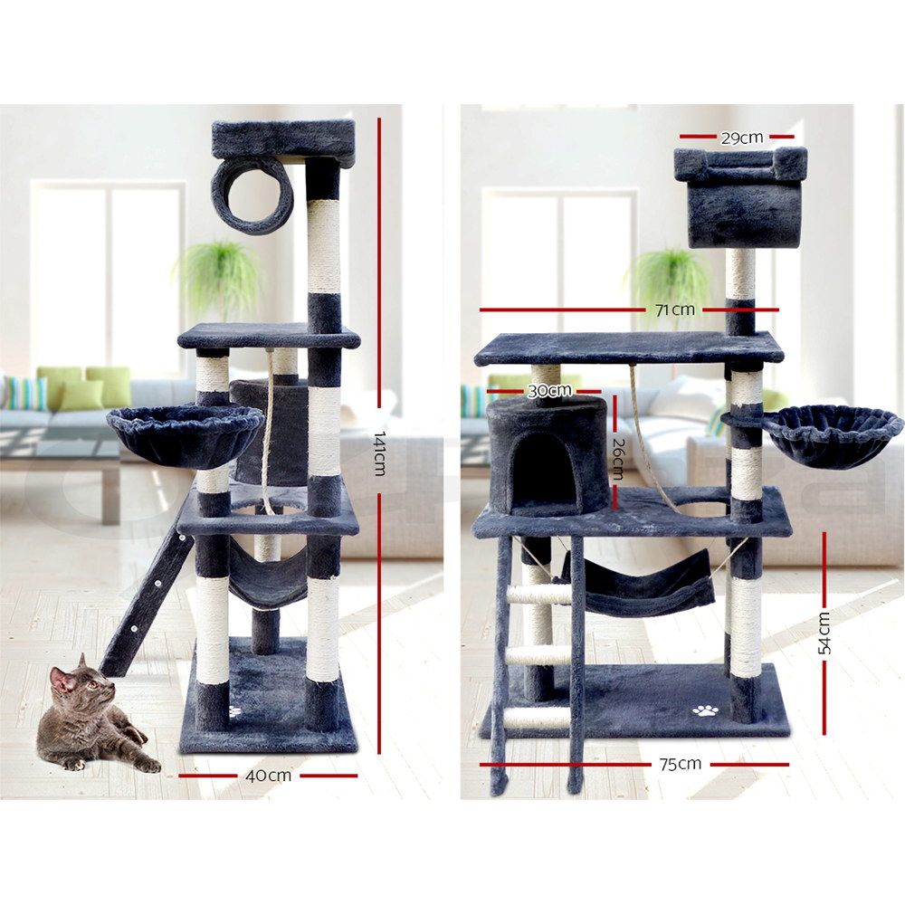 141cm Cat Tree Scratching Post Tower with Hammock & Swing Grey
