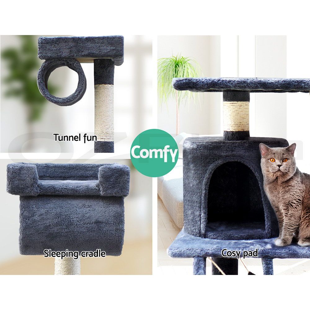 141cm Cat Tree Scratching Post Tower with Hammock & Swing Grey