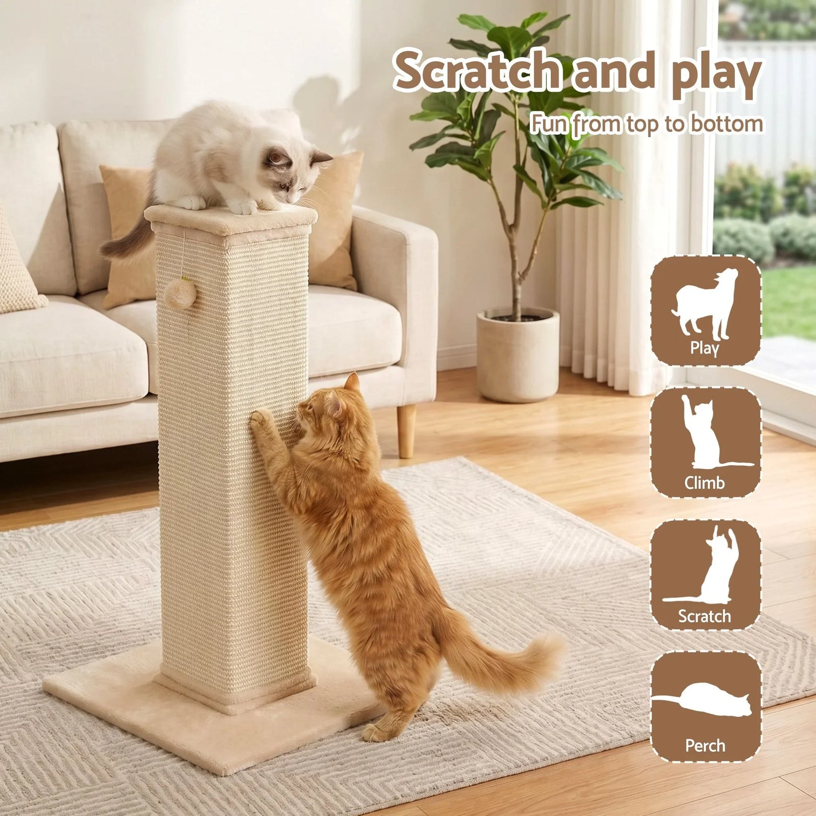 Cat Tree 89cm Scratching Post Tower Scratcher Wood Condo Bed House Trees Beige