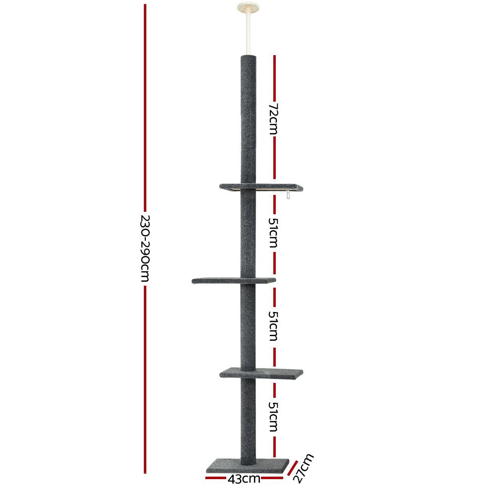 290cm Floor to Ceiling Cat Tree Scratching Post Tower Grey