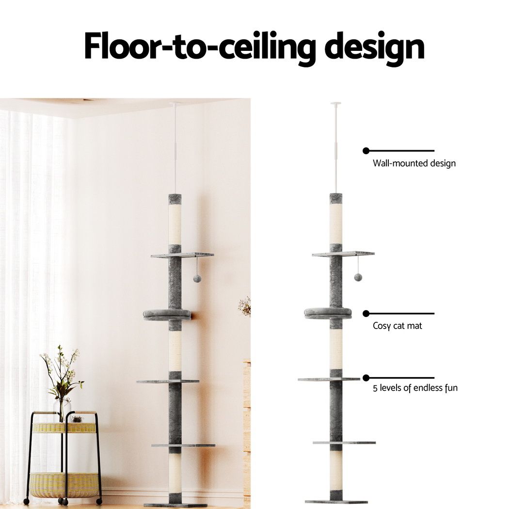 290cm Floor to Ceiling Cat Tree Tower with Bed & Scratching Posts