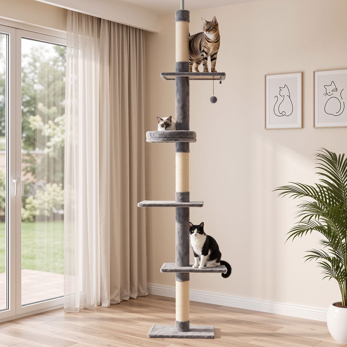 290cm Floor to Ceiling Cat Tree Tower with Bed & Scratching Posts