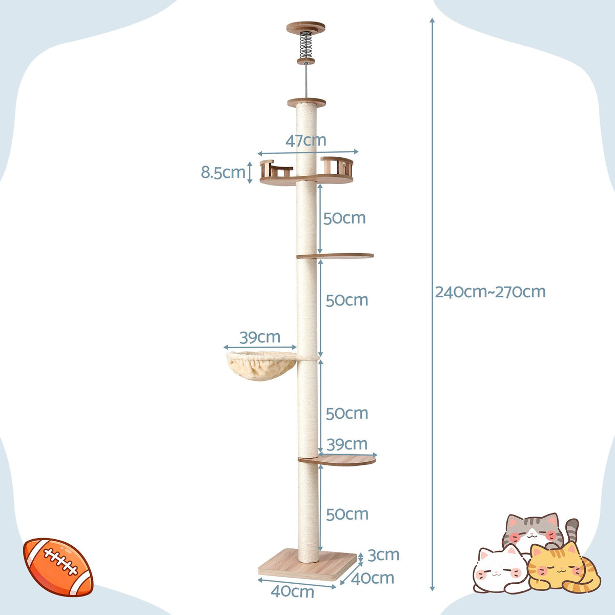 270cm Floor to Ceiling Cat Tree Tower Scratching Post Adjustable Beige