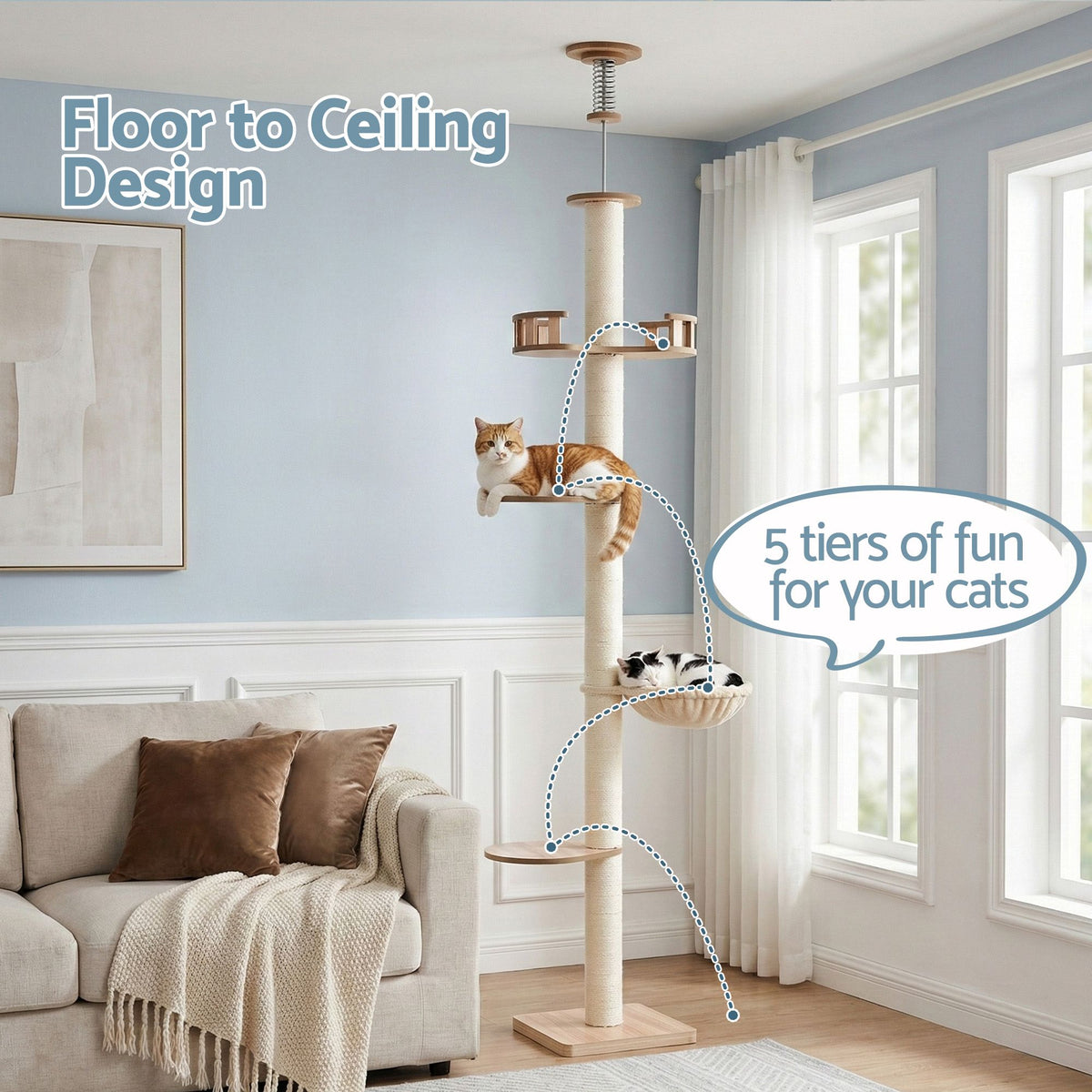 270cm Floor to Ceiling Cat Tree Tower Scratching Post Adjustable Beige