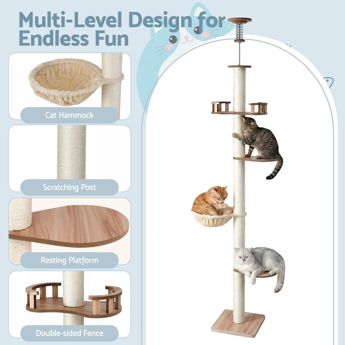 270cm Floor to Ceiling Cat Tree Tower Scratching Post Adjustable Beige