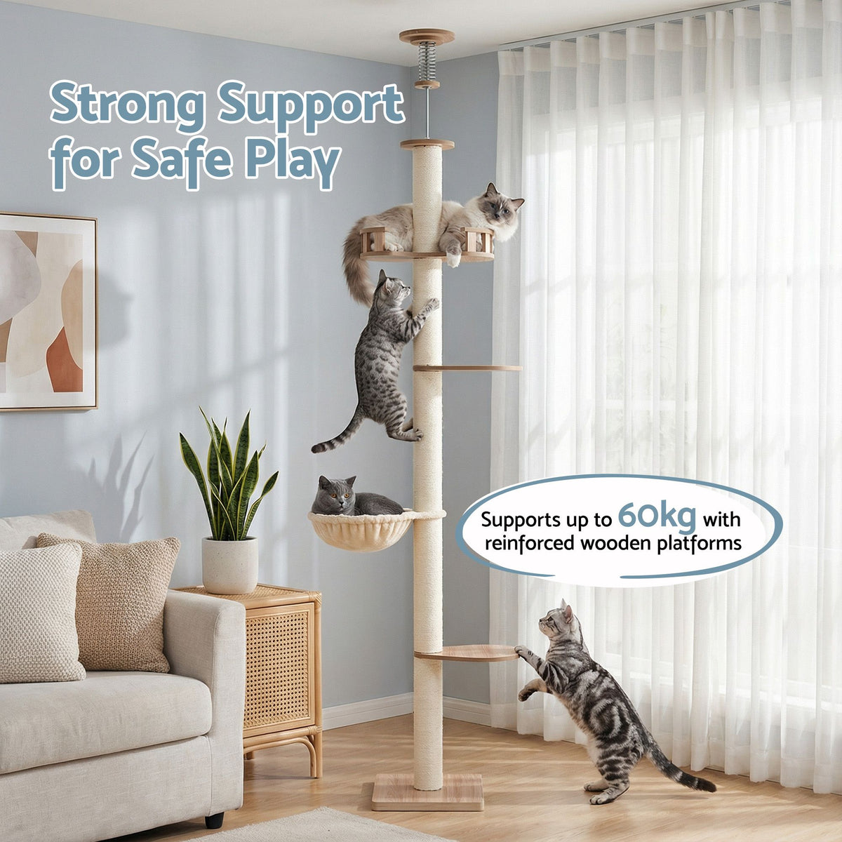 270cm Floor to Ceiling Cat Tree Tower Scratching Post Adjustable Beige