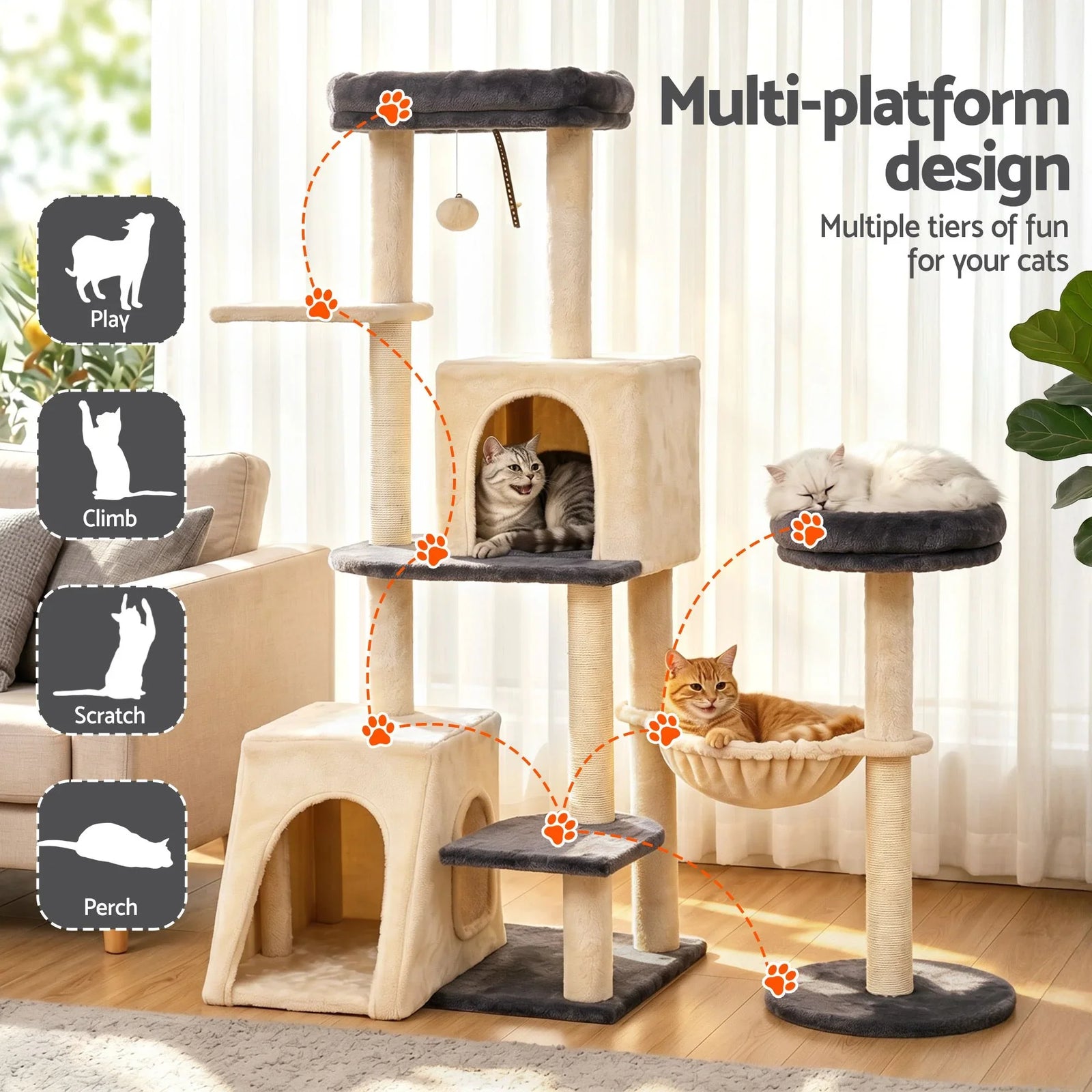 Cat Tree Tower 133cm Rotatable L-Shape Design Scratching Post Furniture Scratcher House Grey & Beige