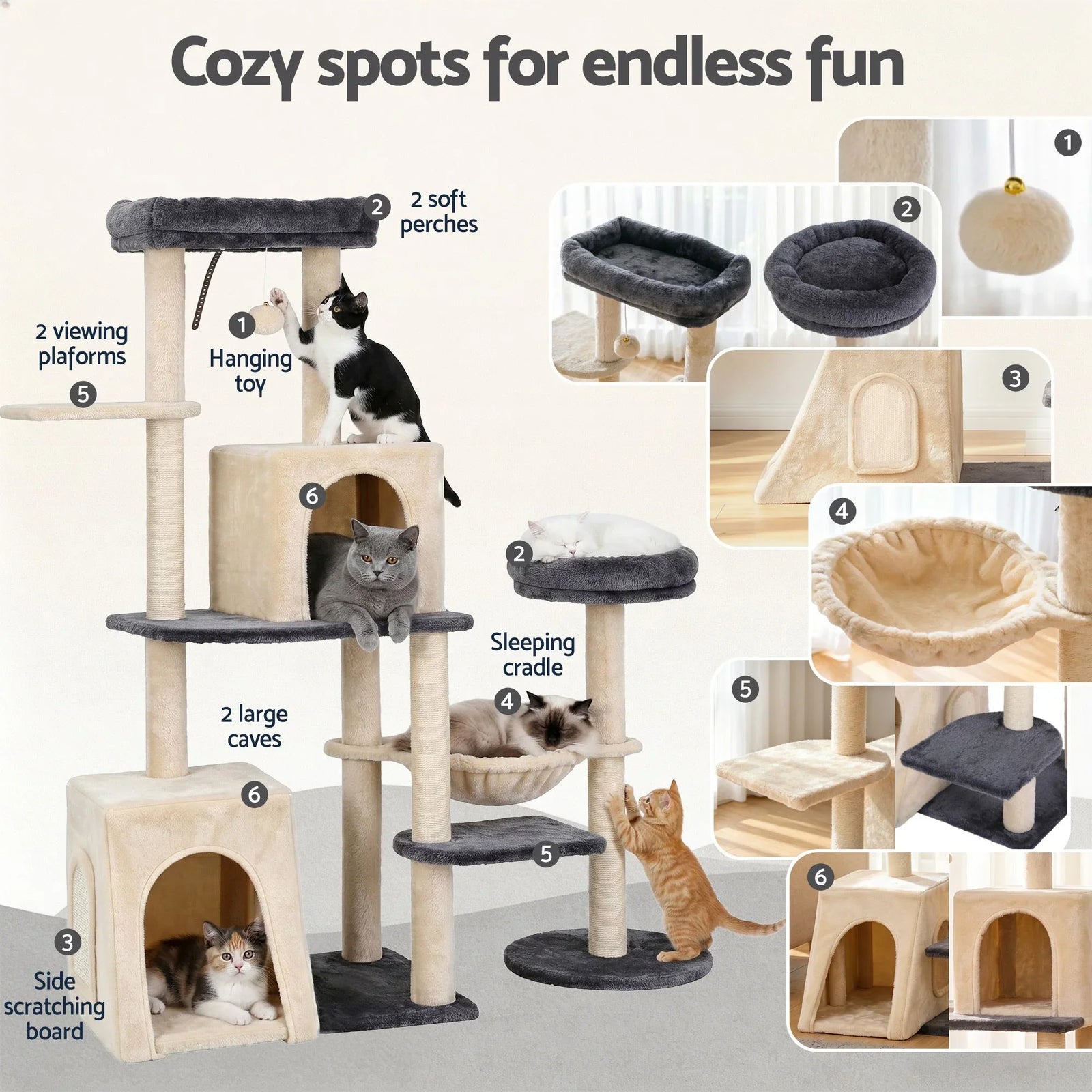 Cat Tree Tower 133cm Rotatable L-Shape Design Scratching Post Furniture Scratcher House Grey & Beige