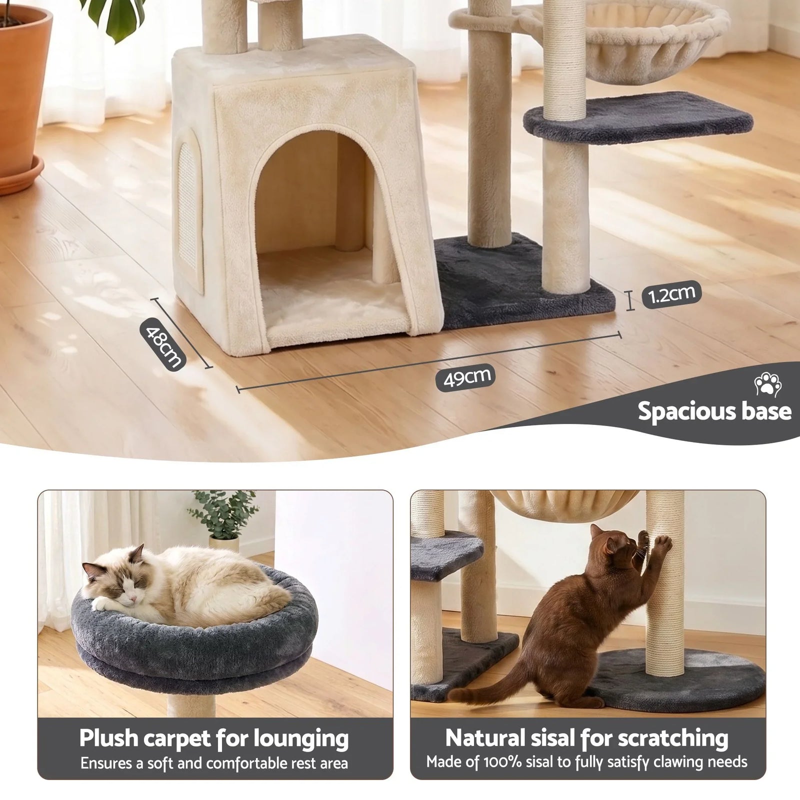 Cat Tree Tower 133cm Rotatable L-Shape Design Scratching Post Furniture Scratcher House Grey & Beige