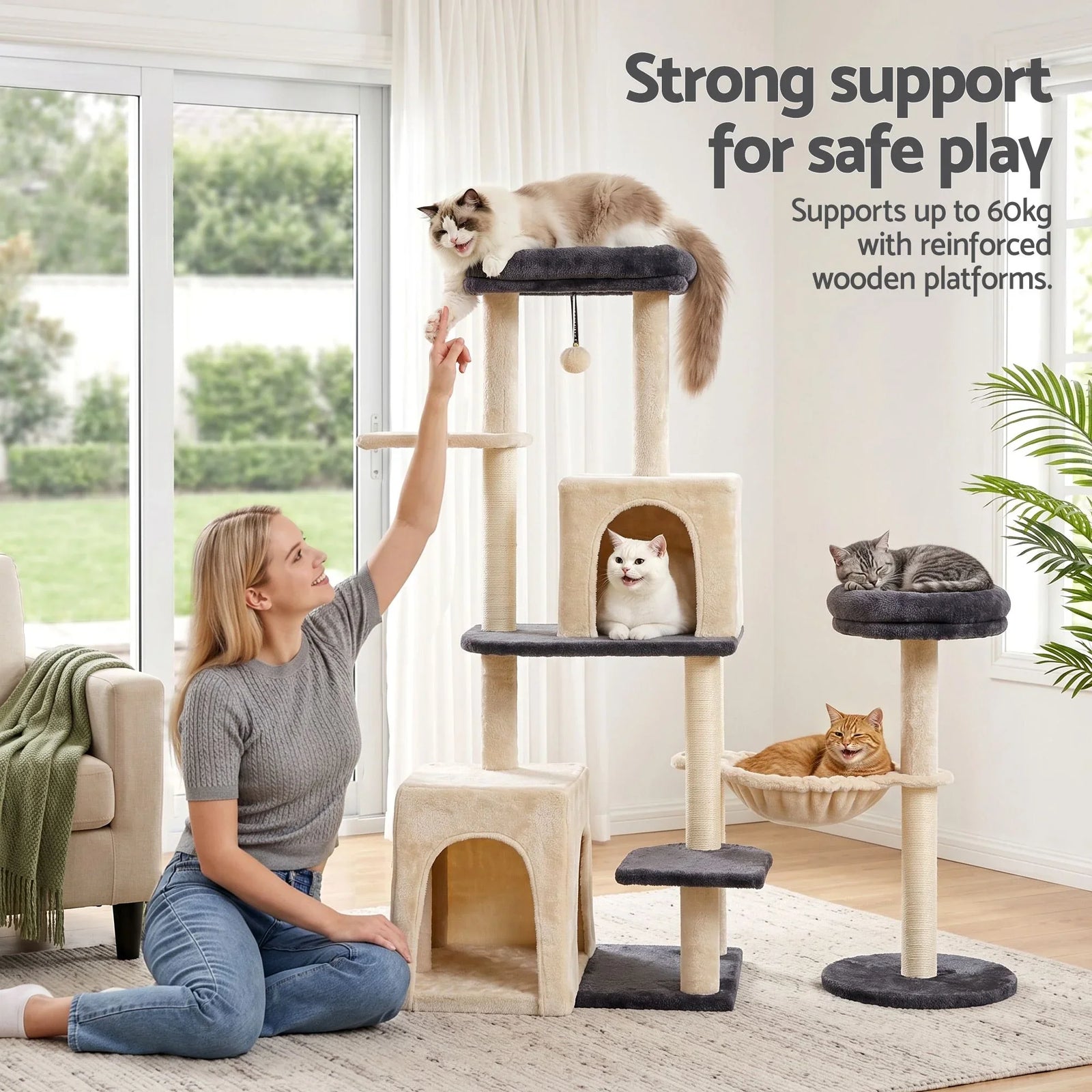 Cat Tree Tower 133cm Rotatable L-Shape Design Scratching Post Furniture Scratcher House Grey & Beige