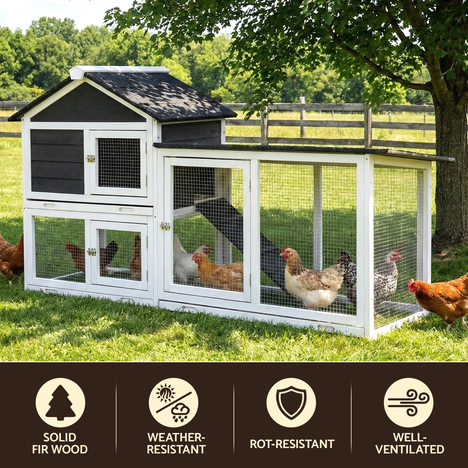 180cm Wooden Chicken Coop Hen House Rabbit Hutch Run with Trays Grey
