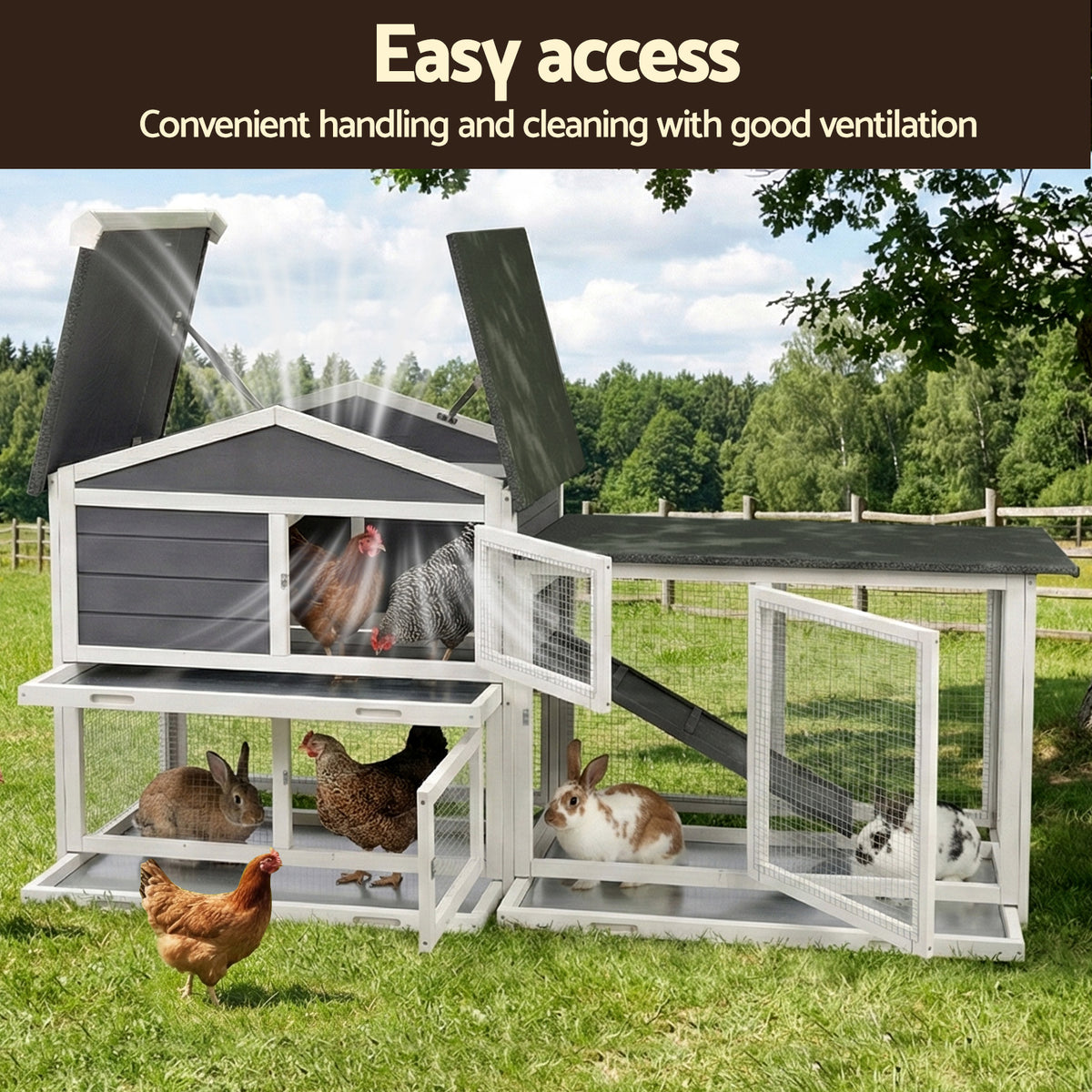 180cm Wooden Chicken Coop Hen House Rabbit Hutch Run with Trays Grey