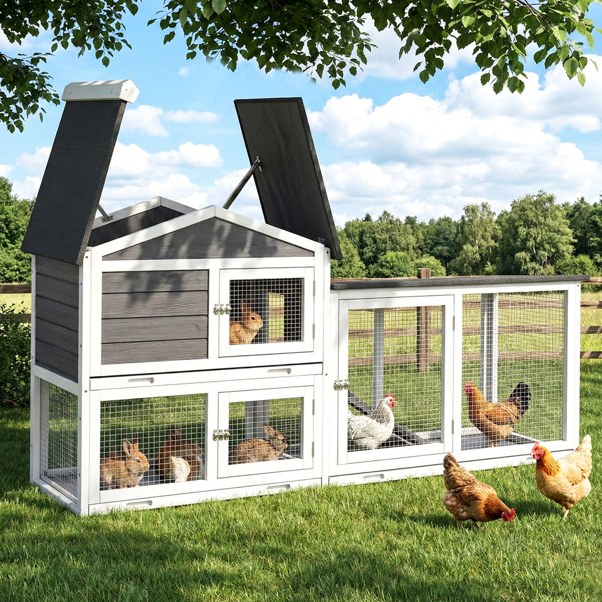 180cm Wooden Chicken Coop Hen House Rabbit Hutch Run with Trays Grey