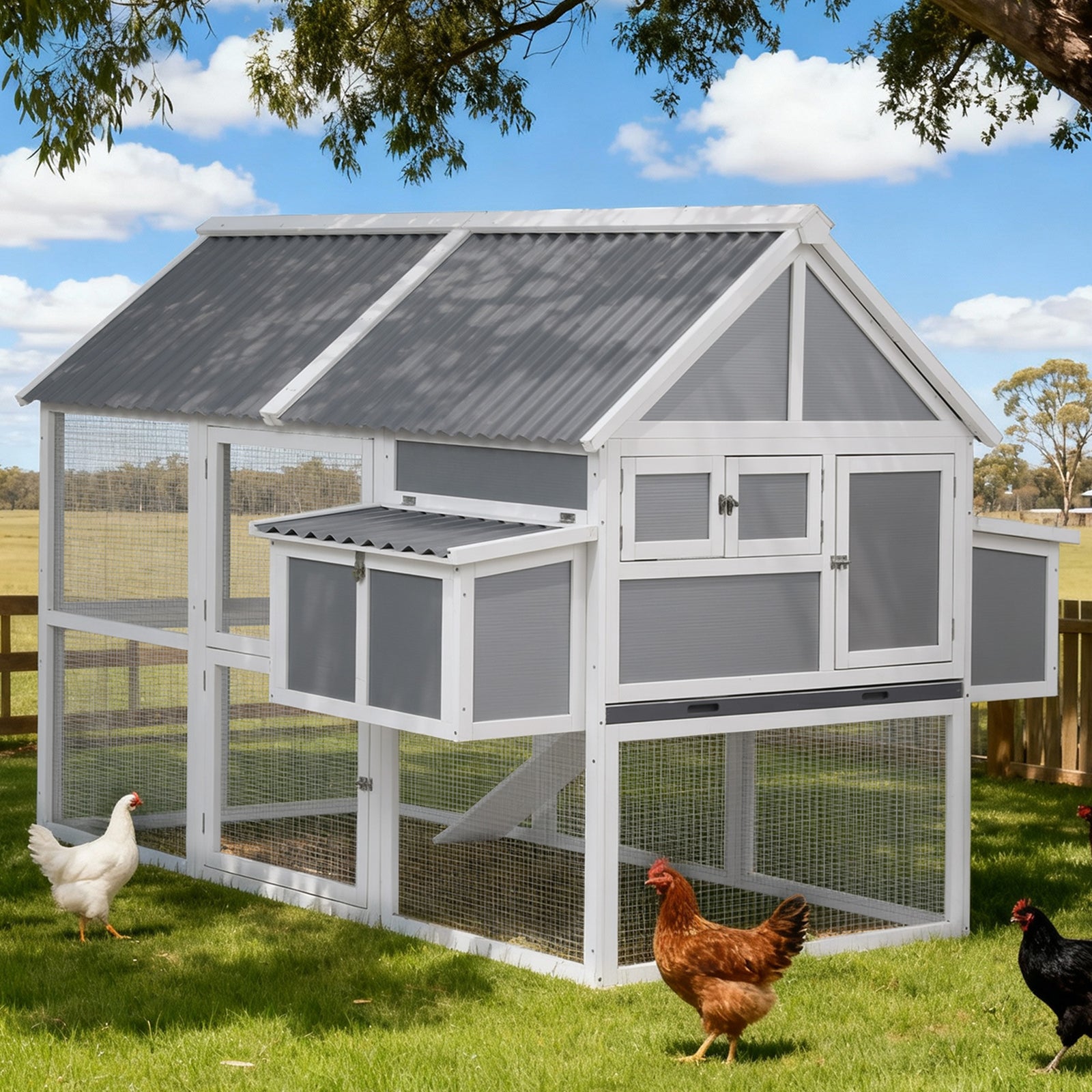 Chicken Coop Large Outdoor Rabbit Hutch Chook House Hatch Box With Run Grey White