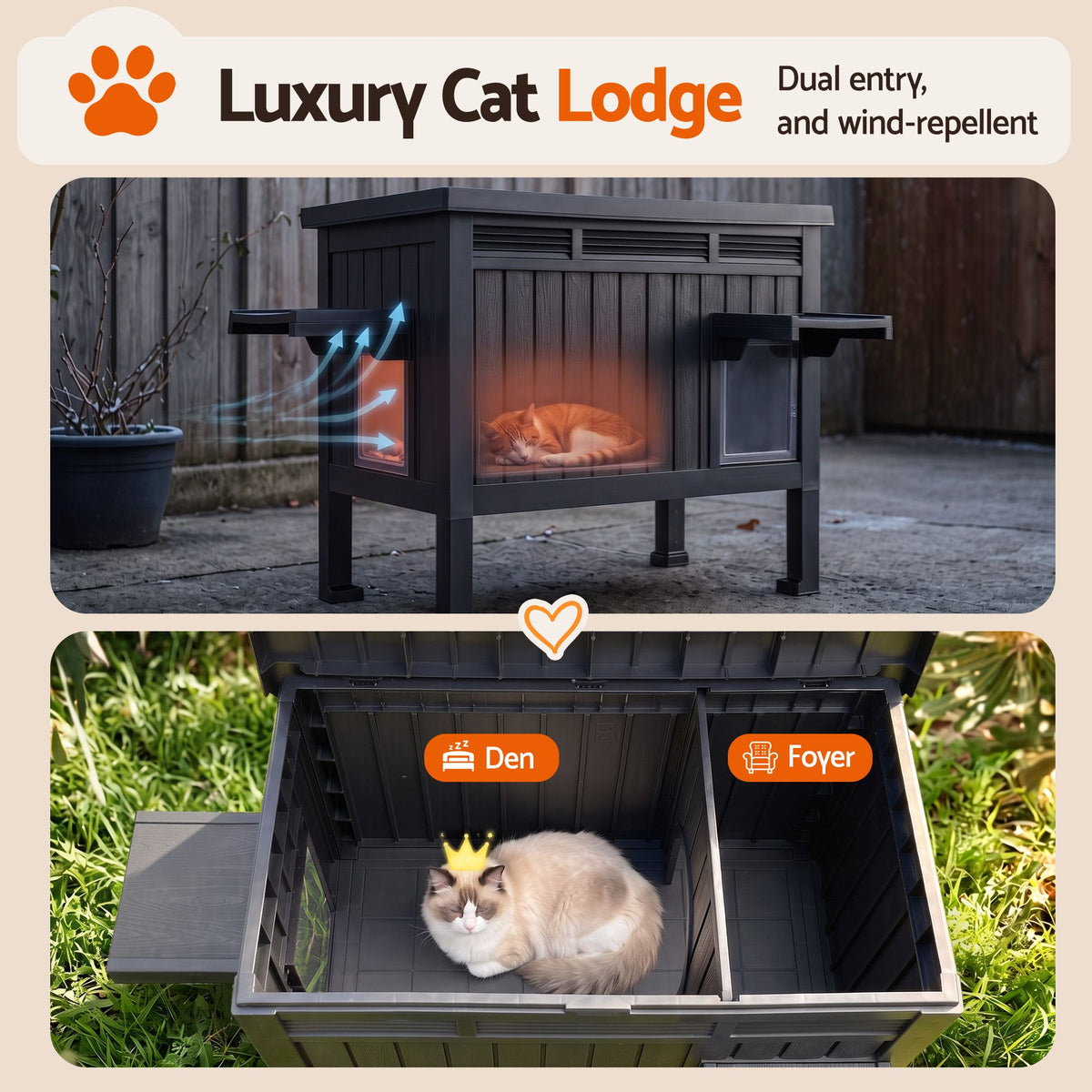 Outdoor Cat House, Pet Kennel Enclosure Shelter & Rabbit Hutch, Black Combo