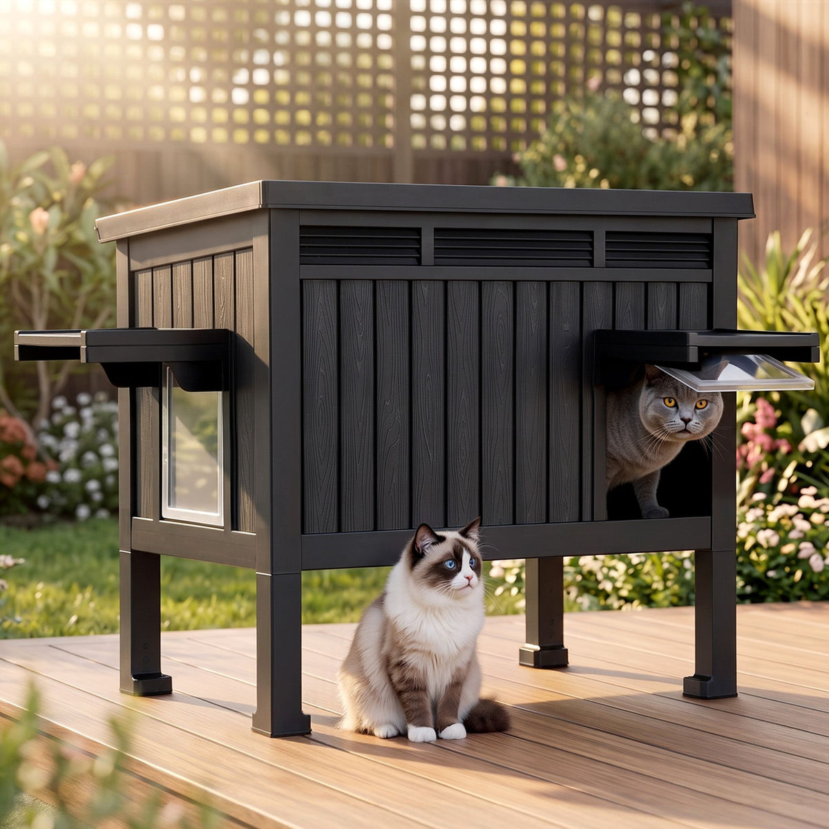 Outdoor Cat House, Pet Kennel Enclosure Shelter & Rabbit Hutch, Black Combo
