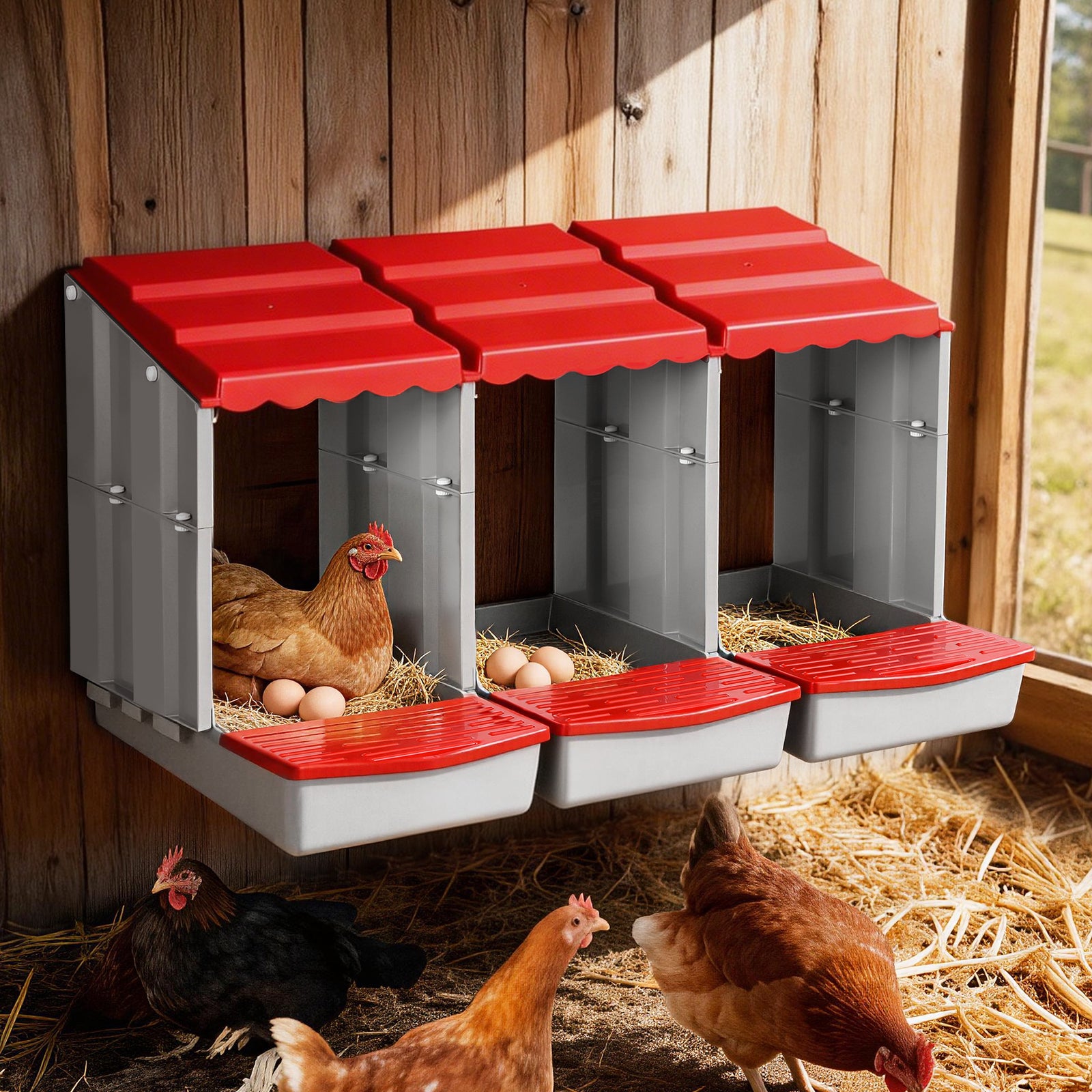 Chicken Nesting Box 3 Hole Roll Away Poultry Hen Laying Egg Hutch Red