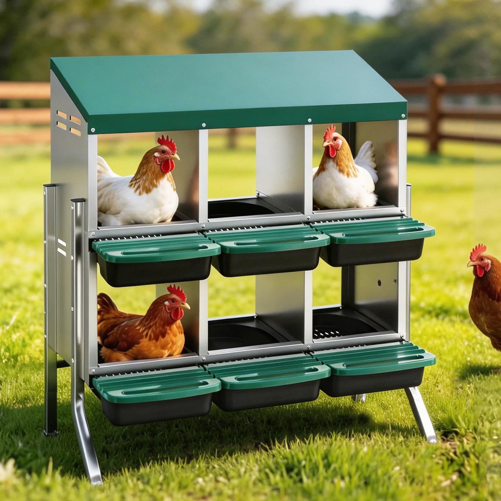 Chicken Nesting Box Roll Away Metal Nesting Box Wall Mounted 6 Holes Green