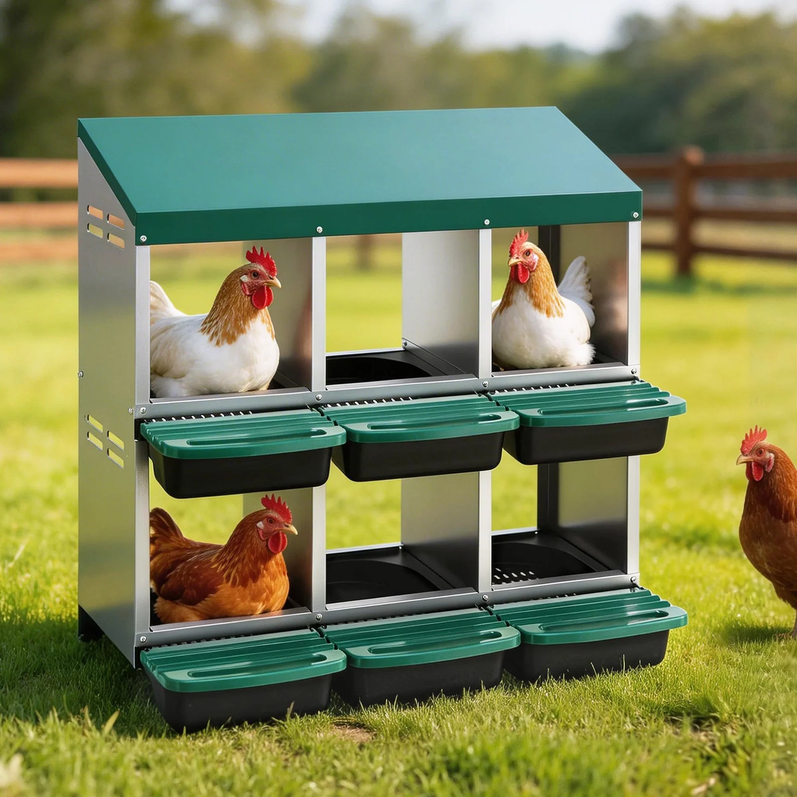 Chicken Nesting Box Roll Away Metal Nesting Box Wall Mounted 6 Holes Green