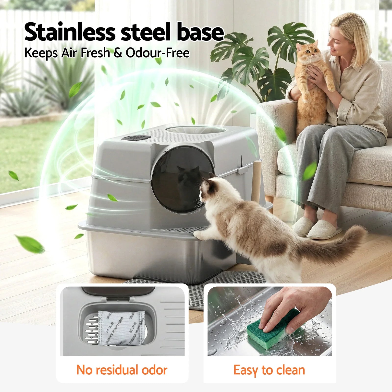 Cat Litter Box Large Stainless Steel High Sided Pet Toilet Odour Control