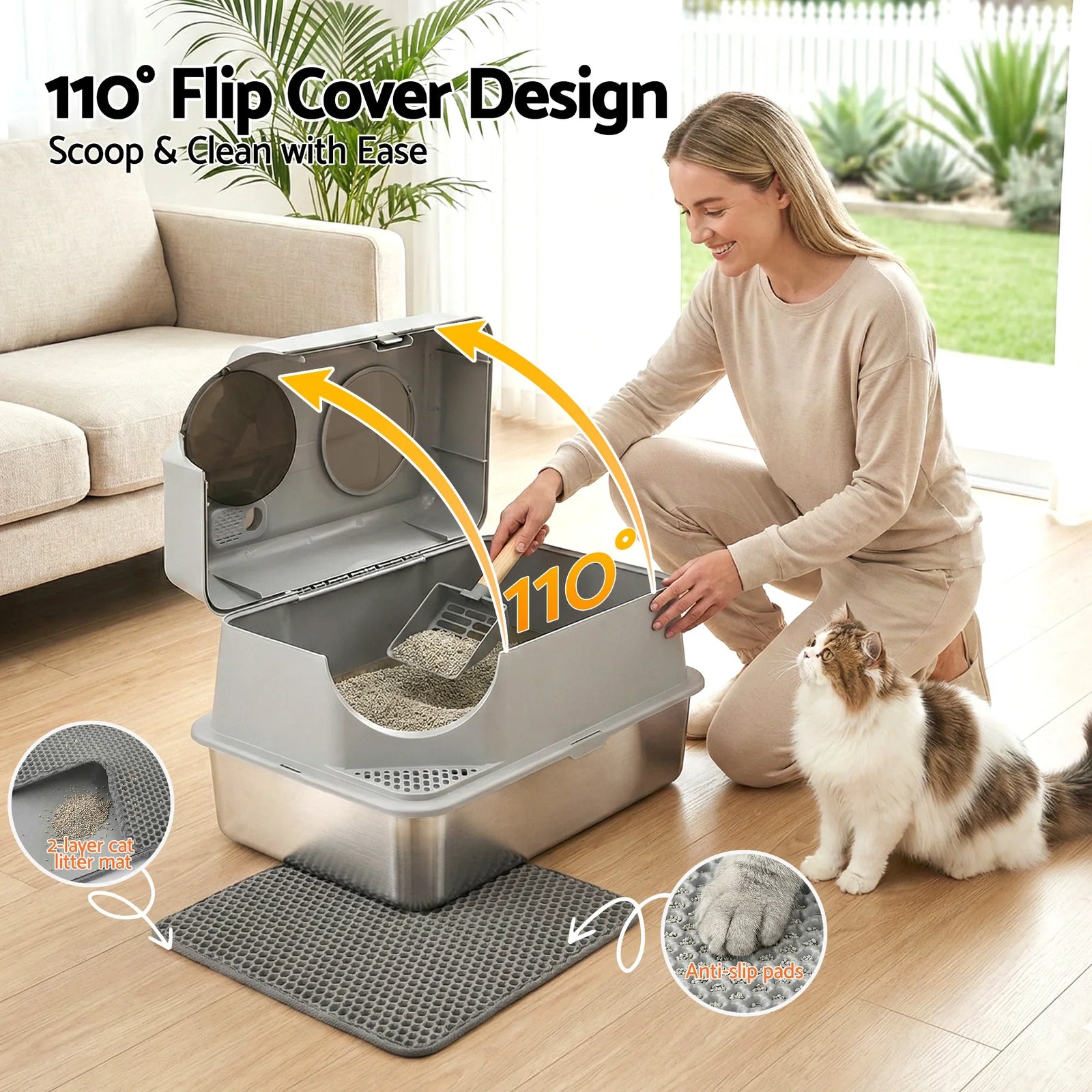 Cat Litter Box Large Stainless Steel High Sided Pet Toilet Odour Control