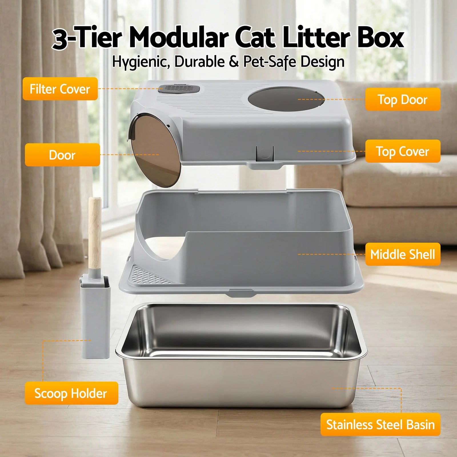 Cat Litter Box Large Stainless Steel High Sided Pet Toilet Odour Control