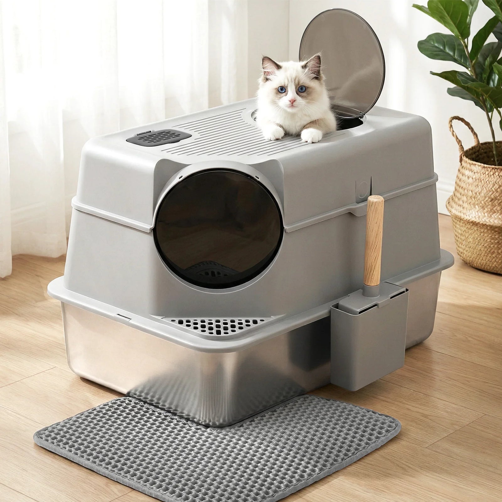 Cat Litter Box Large Stainless Steel High Sided Pet Toilet Odour Control