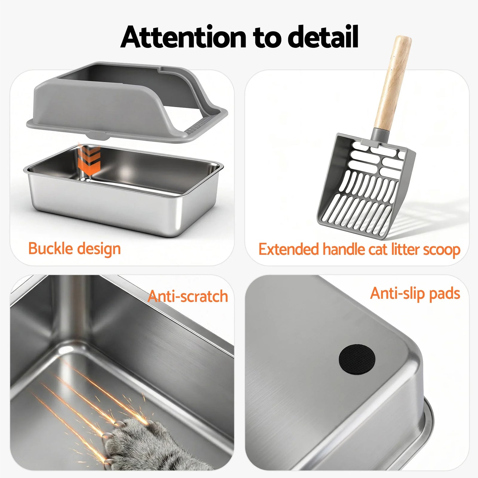 Cat Litter Box Stainless Steel Large Semi-Enclosed Pet Kitty Toilet Grey