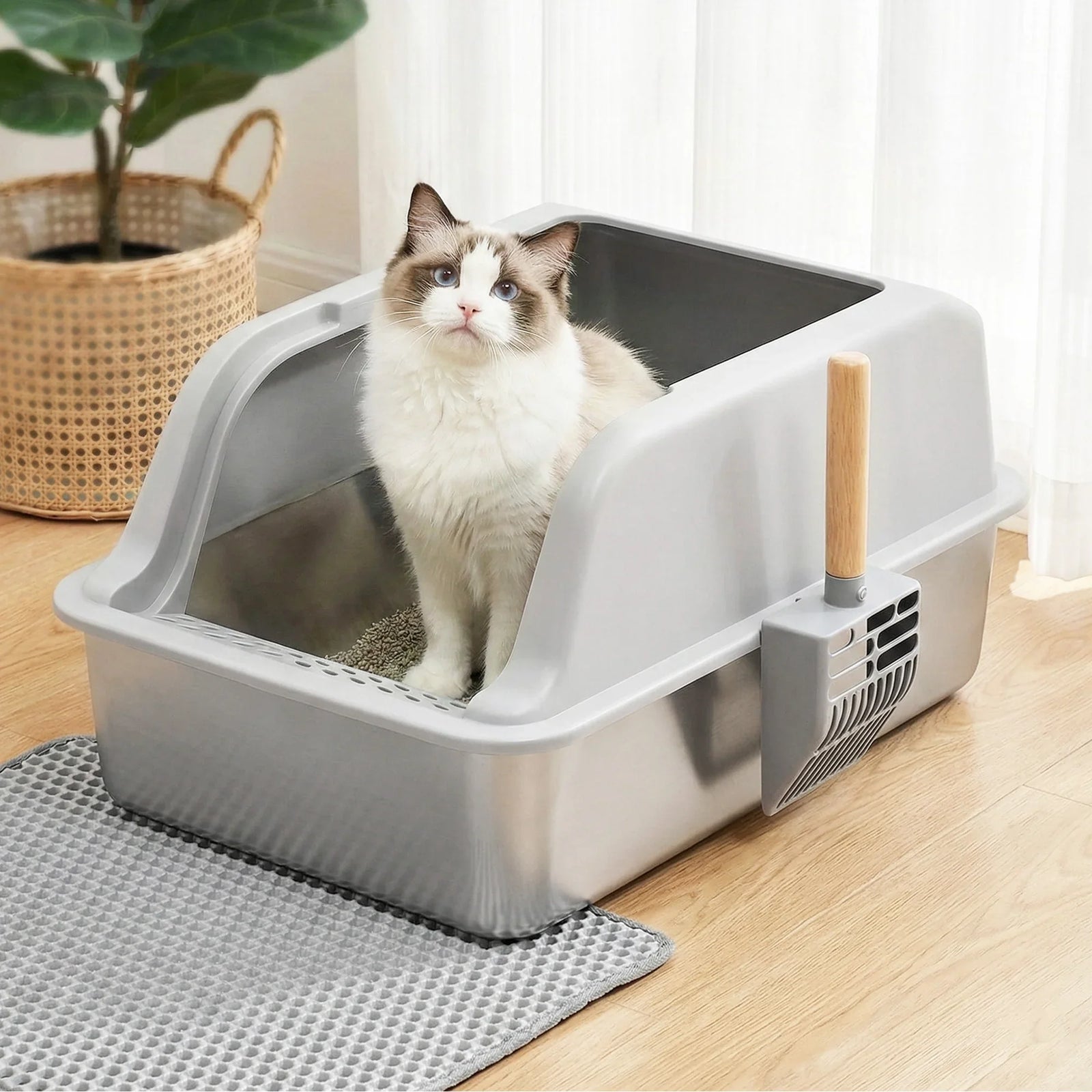 Cat Litter Box Stainless Steel Large Semi-Enclosed Pet Kitty Toilet Grey