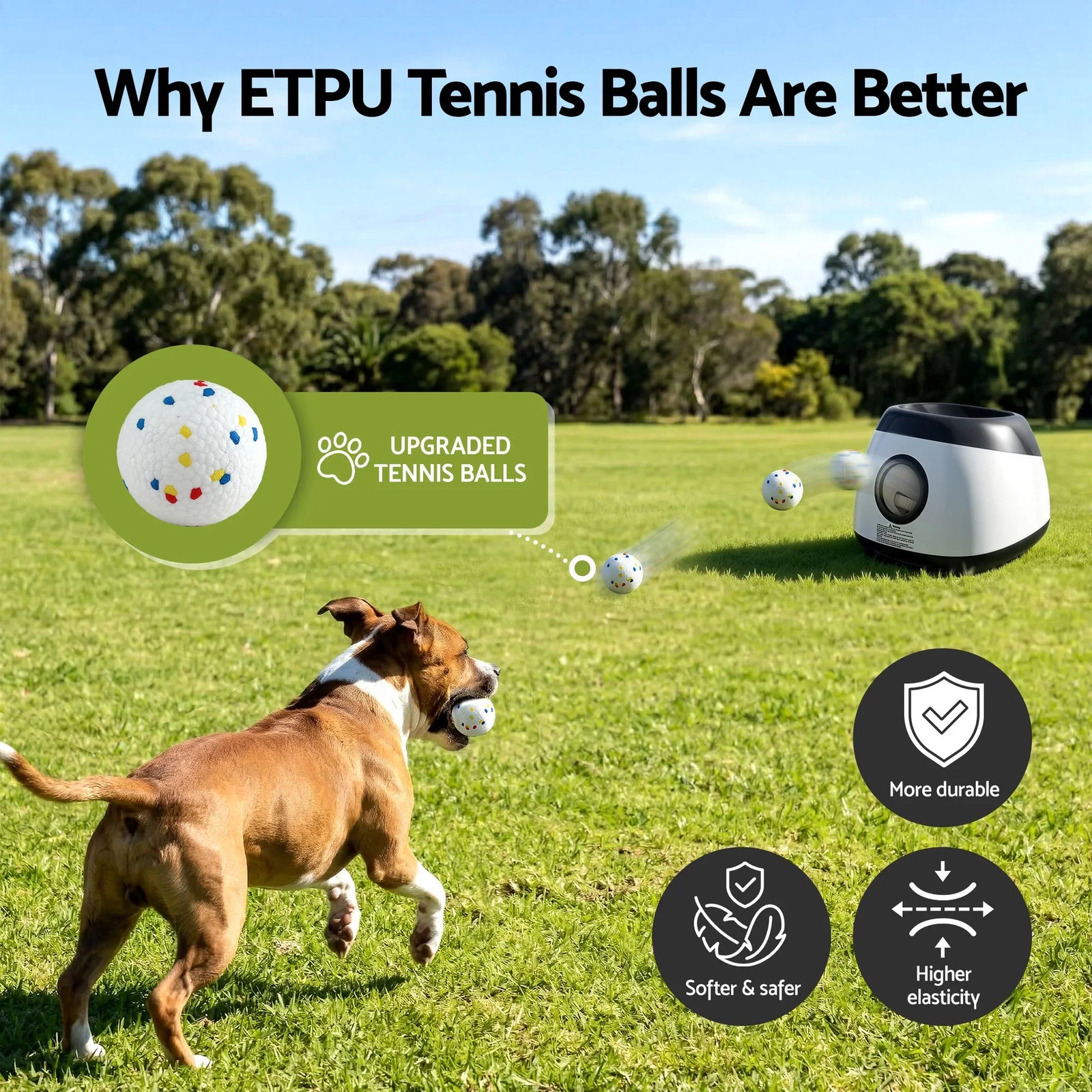 Dog Ball Launcher Thrower with 6 ETPU Balls & 14/18/22m Launch Distance Black
