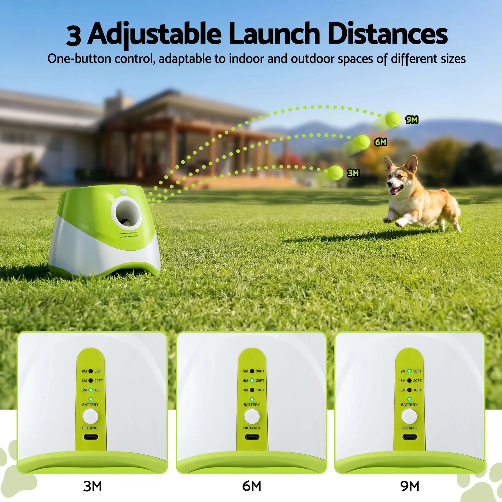 Dog Ball Launcher Thrower with 6 Balls & 3/6/9m Launch Distances Green