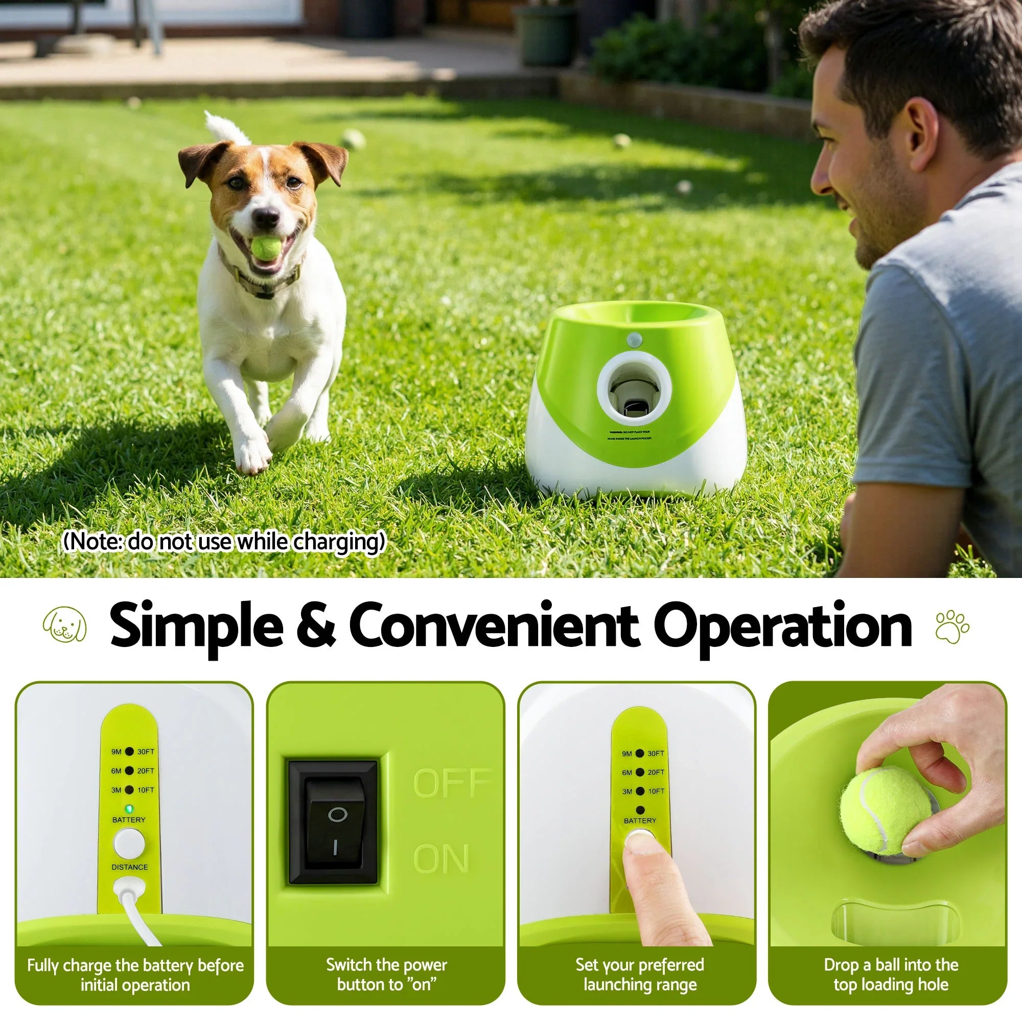 Dog Ball Launcher Thrower with 6 Balls & 3/6/9m Launch Distances Green
