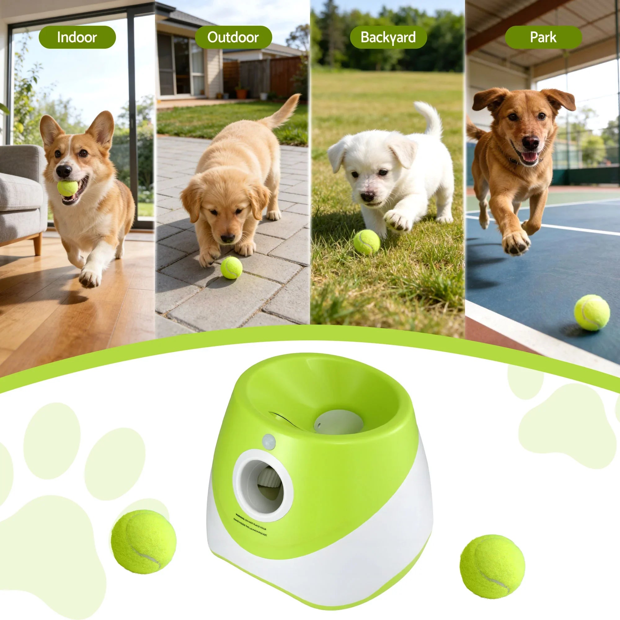 Dog Ball Launcher Thrower with 6 Balls & 3/6/9m Launch Distances Green
