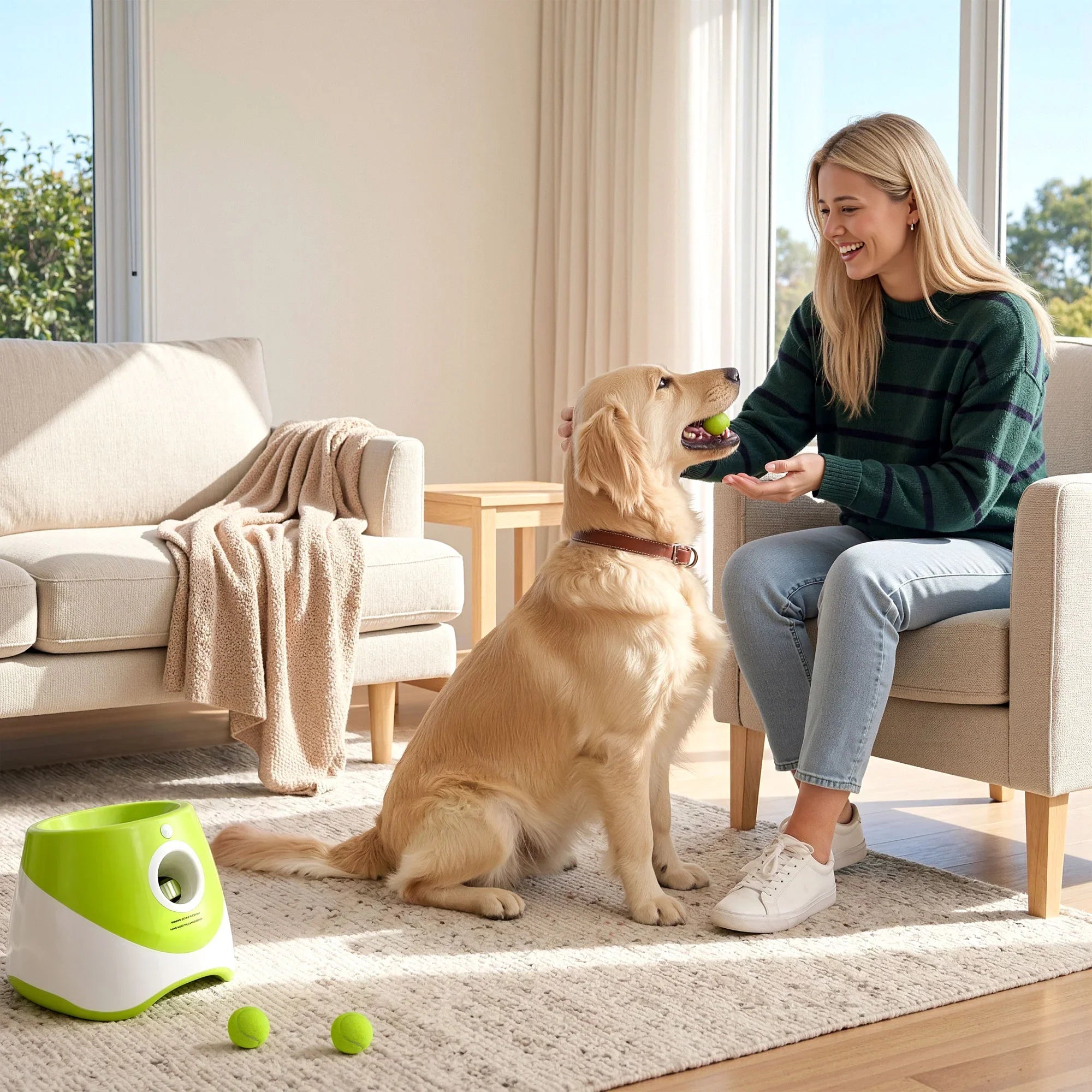 Dog Ball Launcher Thrower with 6 Balls & 3/6/9m Launch Distances Green