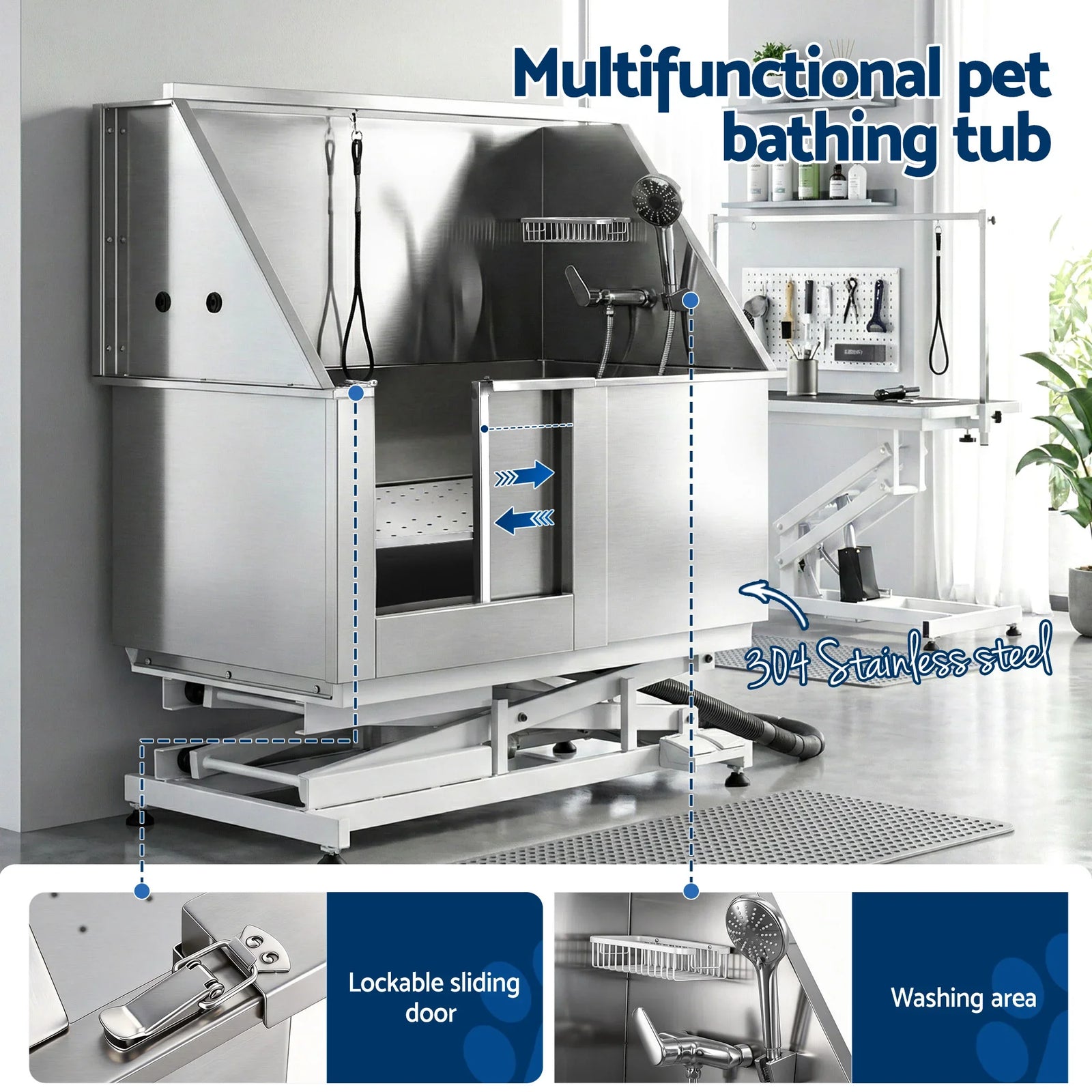 Electric Pet Bath Tub Dog Grooming Stainless Steel Wash Station 127cm