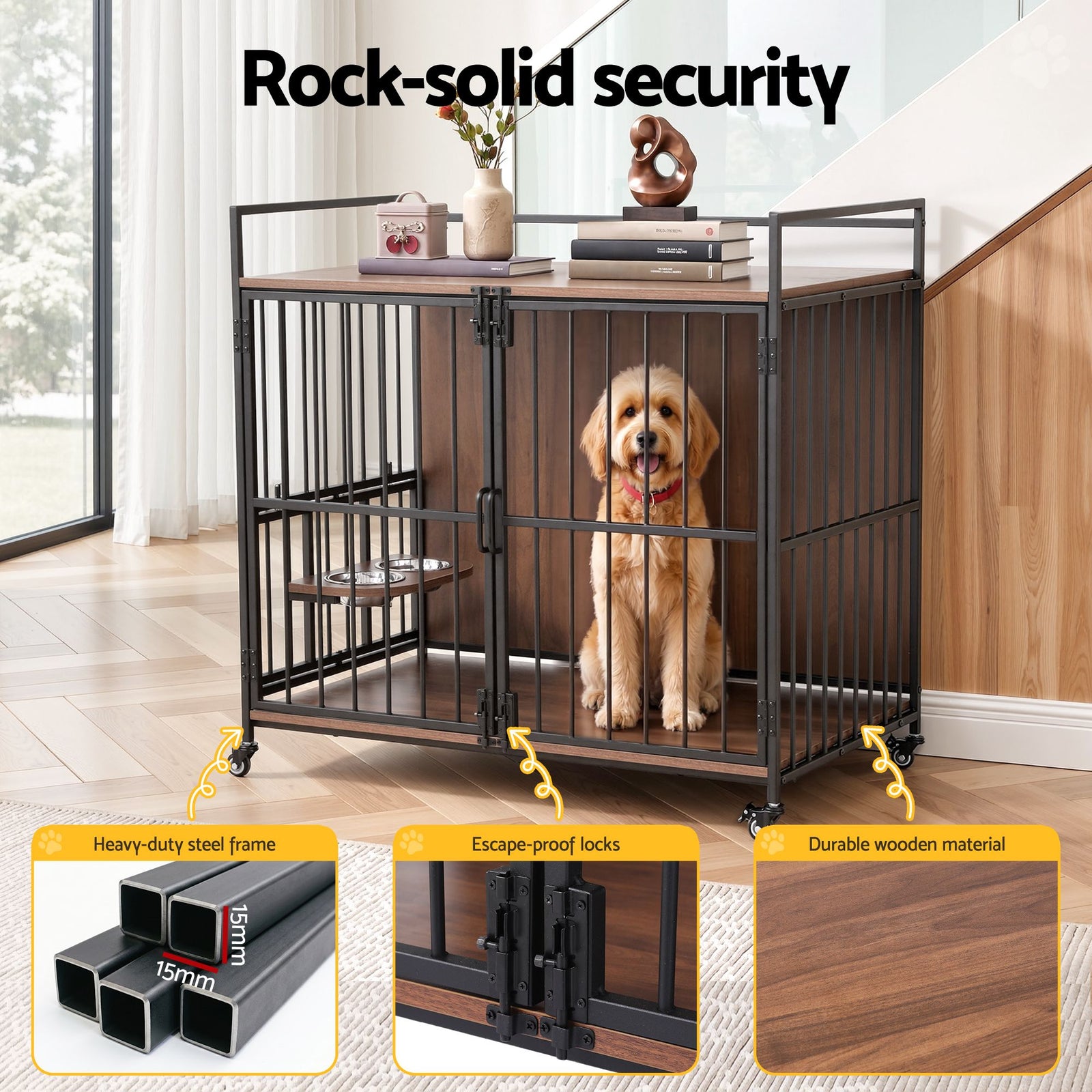 i.Pet 2-in-1 Wooden Dog Crate 99cm Pet Cage Furniture End Table Wheels Black