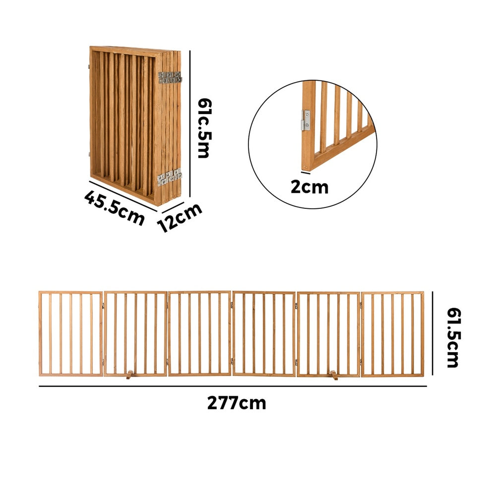 Wooden Pet Gate Dog Fence Safety Stair Barrier 6 Panels Natural