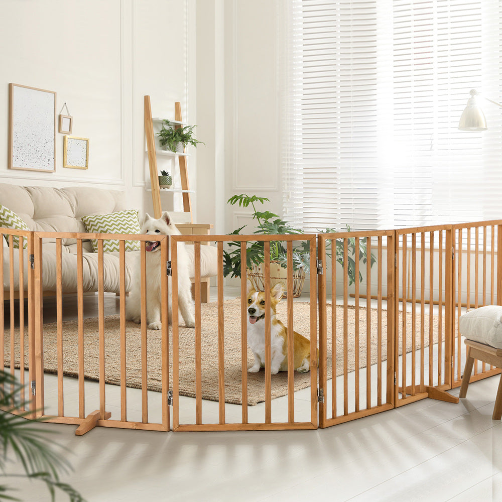 Wooden Pet Gate Dog Fence Safety Stair Barrier 6 Panels Natural