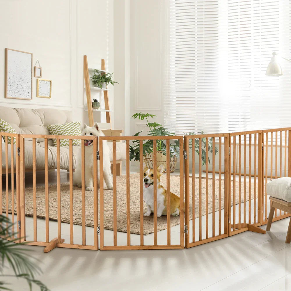 2pc Wooden Pet Gate Dog Fence Playpen Barrier 6 Panels Natural