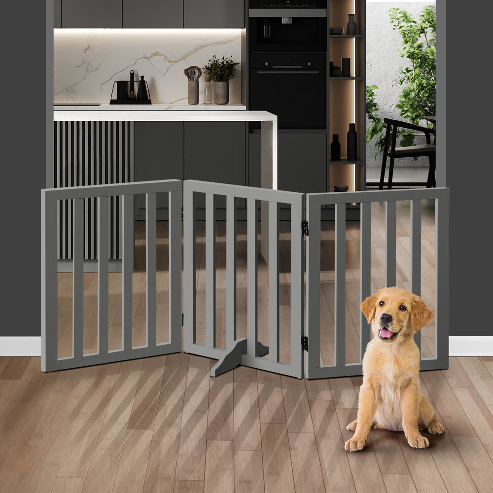 Wooden Pet Gate Safety Stair Barrier 3-Panel Grey