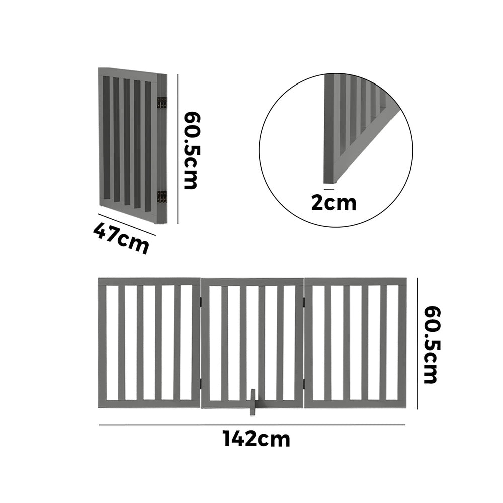 Wooden Pet Gate Safety Stair Barrier 3-Panel Grey