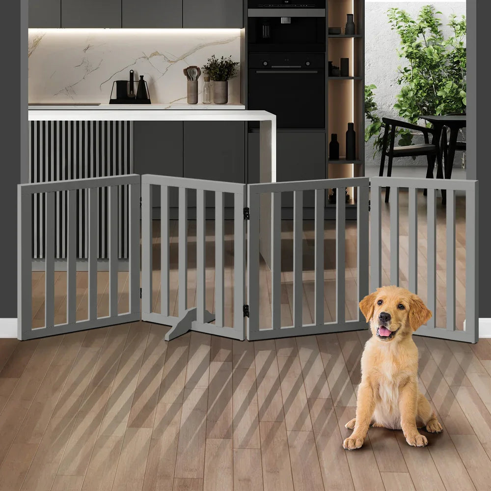 Wooden Pet Gate Safety Stair Barrier 4-Panel Grey
