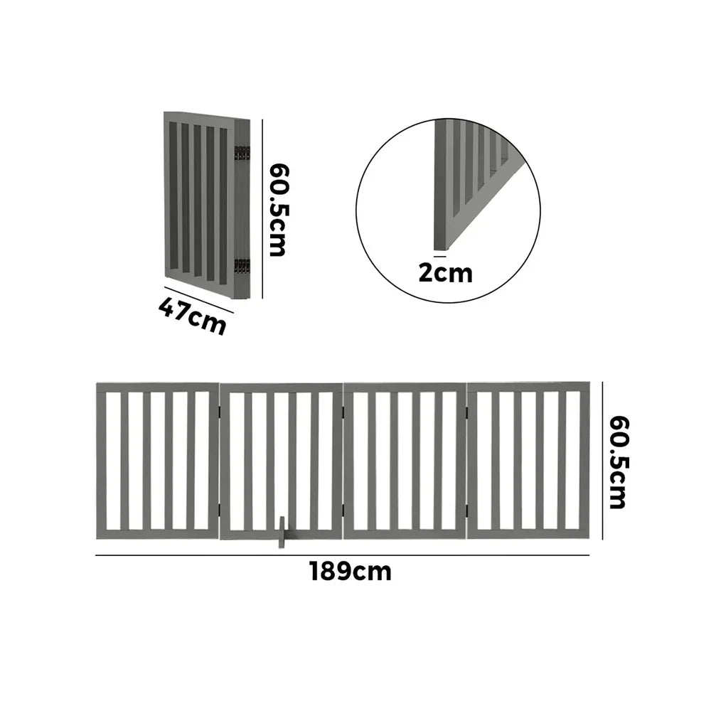 Wooden Pet Gate Safety Stair Barrier 4-Panel Grey