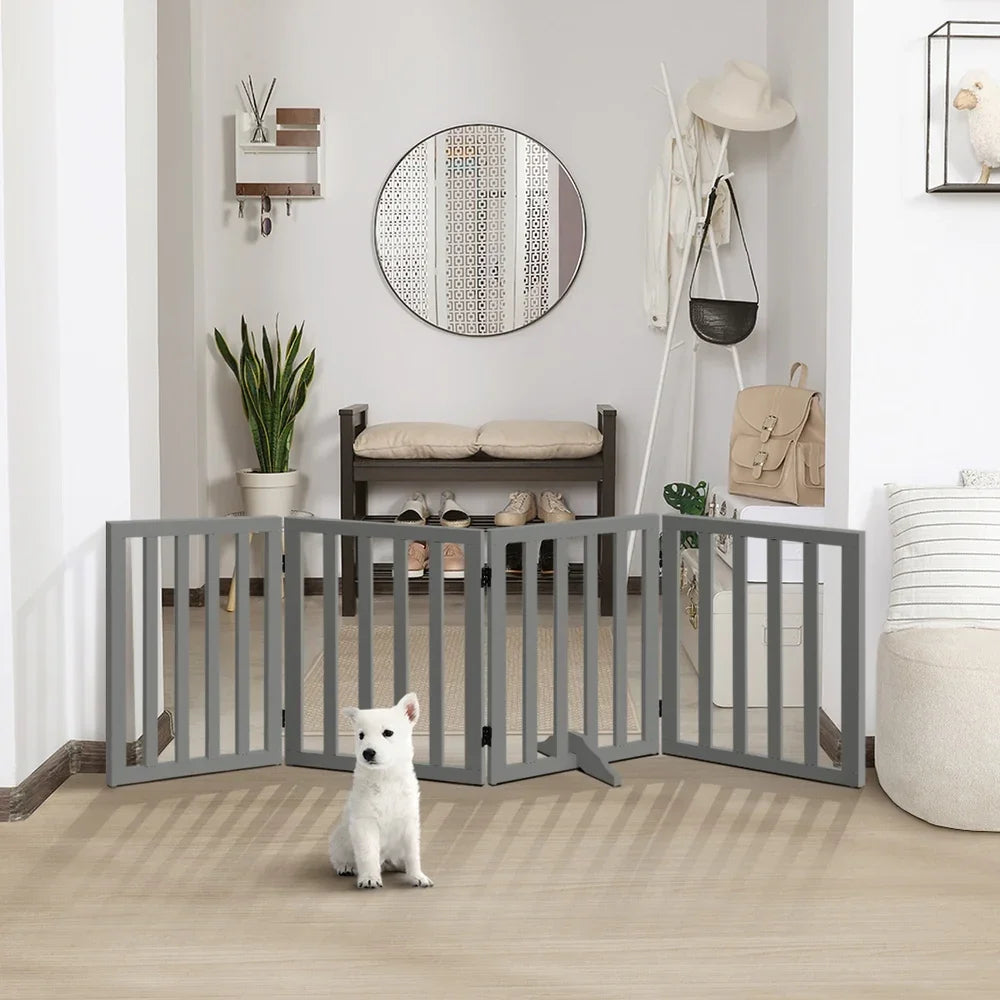 Wooden Pet Gate Safety Stair Barrier 4-Panel Grey