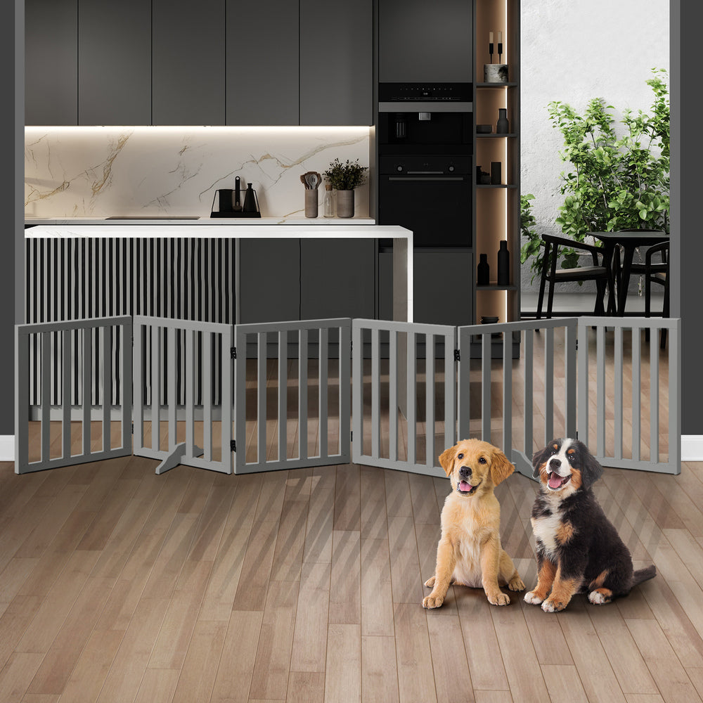 Wooden Pet Gate Safety Stair Barrier 6-Panel Grey